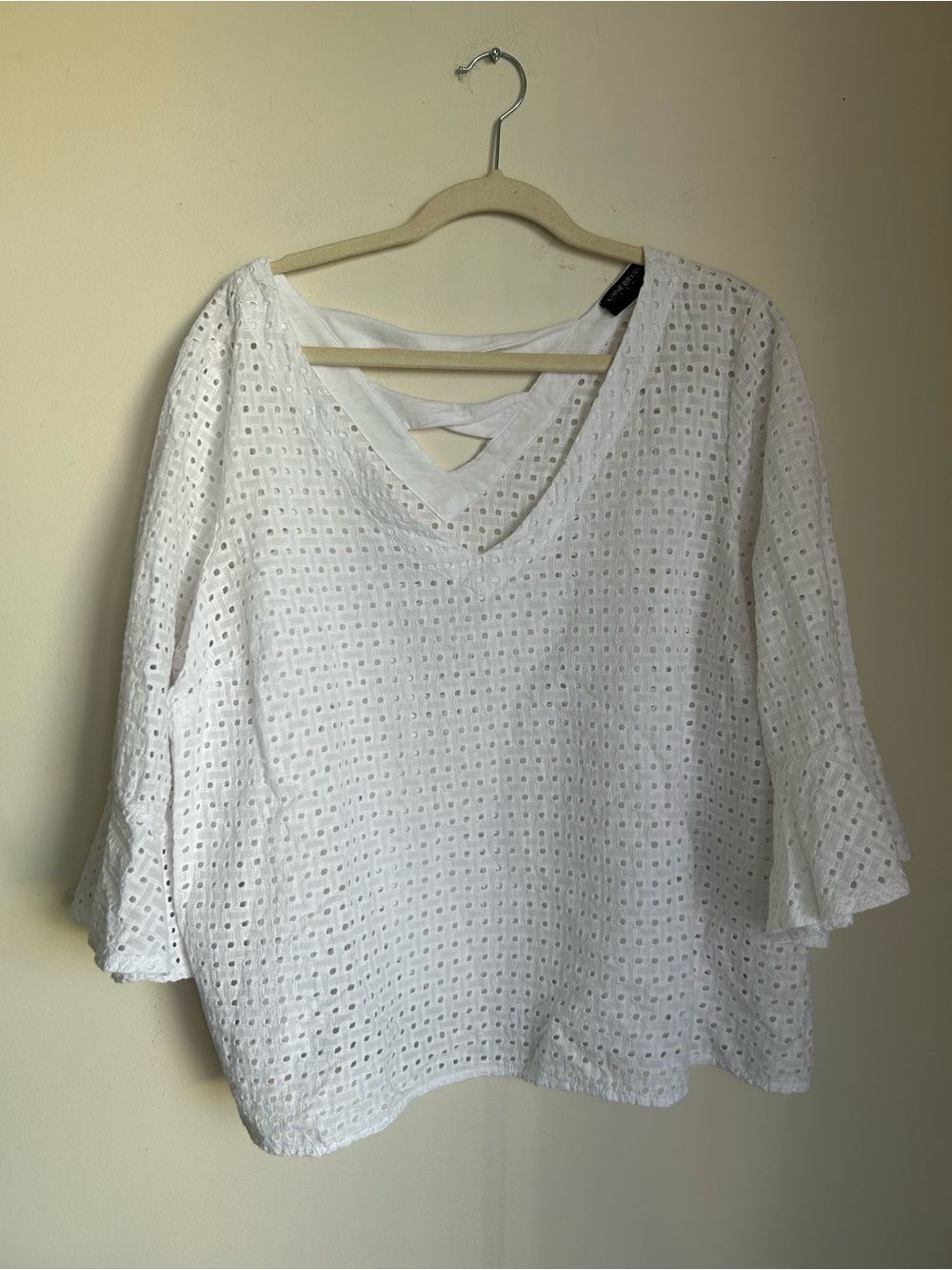 Lane Bryant White Eyelet V-Neck Blouse with Back Strap